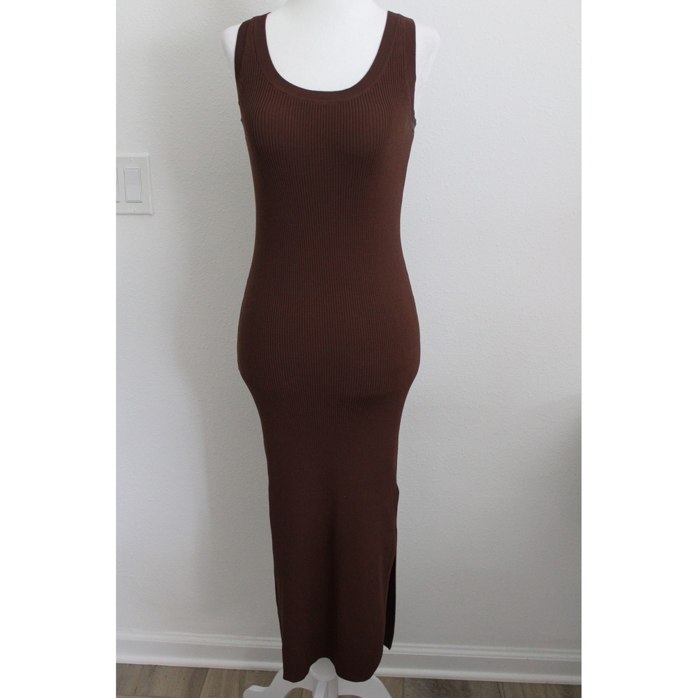 The‎ Drop Women's Ribbed Knit Scoop Neck Side Slit Maxi Tank Dress Brown XS